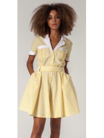 VESTIDO CAMISERO VUELO RAYAS BLANCO/AMARILLO CON CONTRASTE BLANCO (SNY)