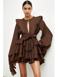 VESTIDO MINI CON VOLANTES MARRÓN