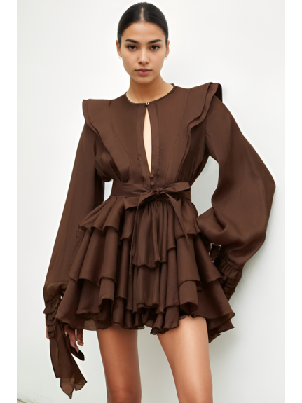 VESTIDO MINI CON VOLANTES MARRÓN