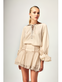 CONJUNTO BLUSA FRUNCIDA CON LAZO + FALDA