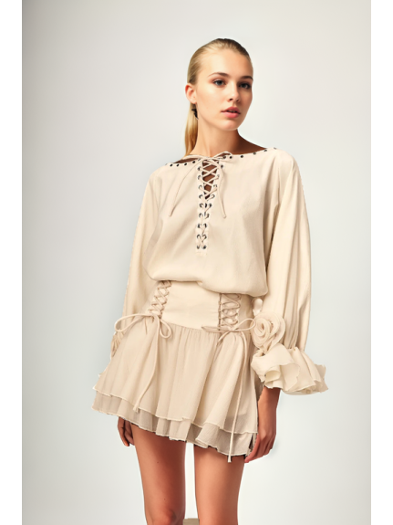 CONJUNTO BLUSA FRUNCIDA CON LAZO + FALDA