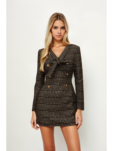 VESTIDO CORTO TWEED CON RAYAS HORIZONTALES NEGRAS