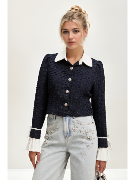 CHAQUETA TWEED CON PANELES EN AZUL MARINO