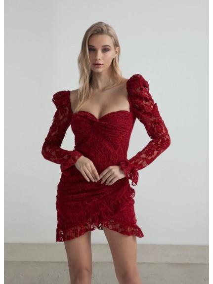 VESTIDO TUBO DE ENCAJE DE TERCIOPELO CRUZADO CON ESCOTE CORAZÓN