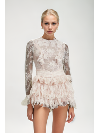 VESTIDO CORTO EN CAPAS DE ENCAJE FLORAL BLANCO