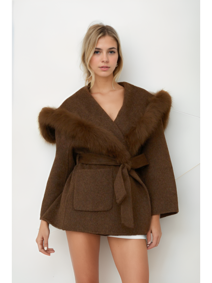 ABRIGO MARRÓN DE LANA CON RIBETE EN PIEL