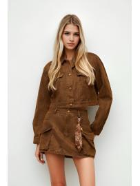 CONJUNTO CHAQUETA + FALDA MARRÓN CONTEXTURA DE ANTE