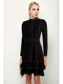 VESTIDO MINI DE PUNTO NEGRO CON VOLANTES Y DETALLES