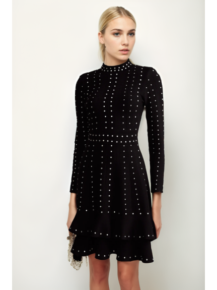 VESTIDO MINI DE PUNTO NEGRO CON VOLANTES Y DETALLES