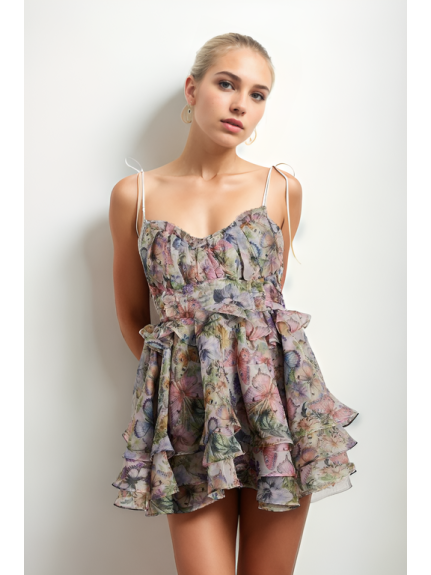 VESTIDO MINI PLISADO CON ESTAMPADO FLORAL